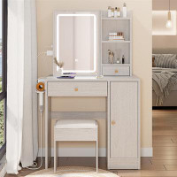 Latitude Run® Right Cabinet Desktop Vanity Table + Cushioned Stool