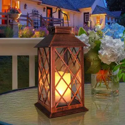 Bassetts 14" Solar Lantern Outdoor Garden Hanging Lantern Waterproof LED Flickering Flameless Candle Mission Lights