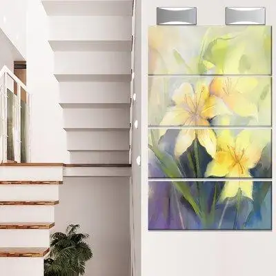 Design Art 'Watercolor Painting Yellow Lily Flower' 4 Piece Painting Print on Metal Set
