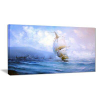 East Urban Home 'Vessel in Blue Sea' Oil Painting Print on Canvas