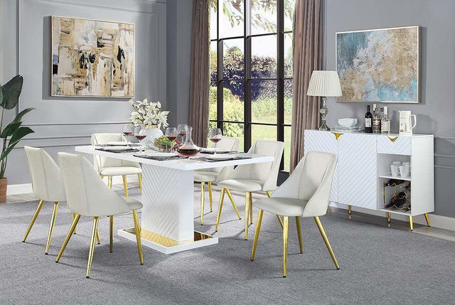 Acme - 7 Piece, 71 Inch White or Grey High Gloss Dining Table with 3 Choices of Chairs in Dining Tables & Sets