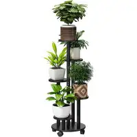 Arlmont & Co. 5 Tier Plant Stand For Outdoor Indoor Tall Bamboo Movable Flower Stand With Wheels Plant Shelf