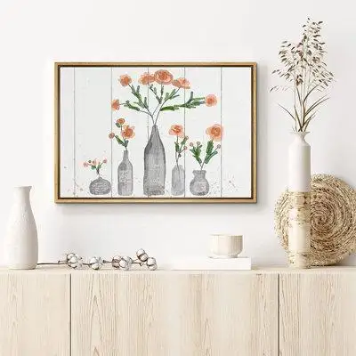 SIGNLEADER SIGNLEADER Framed Canvas Print Wall Art Pink Peony Flowers In Dark Bottle Vases Nature Plants Iiiustrations M