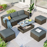 Latitude Run® Patio Sectional Sets, 5-Piece Patio Wicker Sofa With Cushions, Ottomans And Lift Top Coffee Table, Patio S