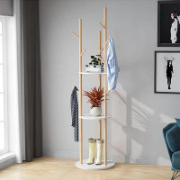 Corrigan Studio Wood Coat Rack Stand Freestanding Coat Tree With 9 Hooks And 3 Shelves, White Hall Tree For Jackets Hats