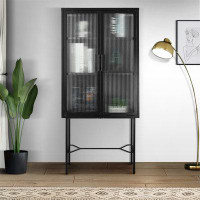 Winston Porter Elegant Floor Cabinet With 2  Tampered Glass Doors Living Room Display Cabinet With Adjustable Shelves An