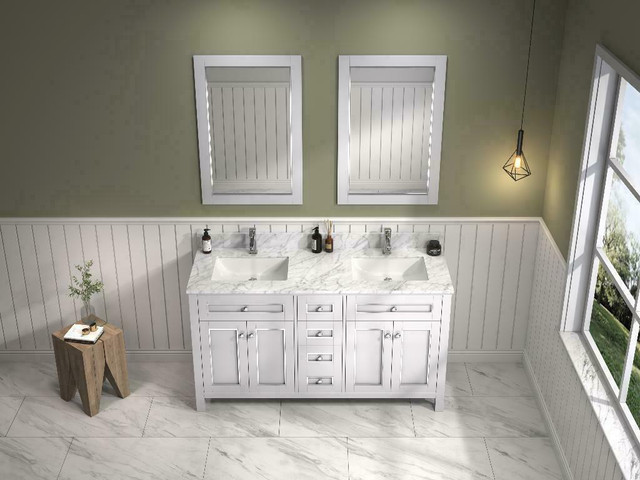 36, 48, 60 & 72 White with Chrome Accents Bathroom Vanity w Carrara White Marble ( Dovetail Drawer ) in Cabinets & Countertops - Image 2