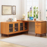 George Oliver L-shaped Executive Desk With Delicate Tempered Glass Cabinet Storage