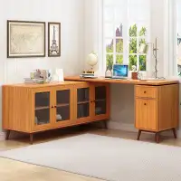George Oliver L-shaped Executive Desk With Delicate Tempered Glass Cabinet Storage