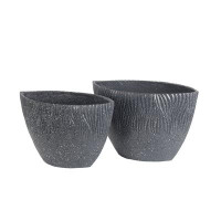 Wrought Studio Set of 2 Oval Cermaic Planters with Wave Ripple Design, Dark Grey
