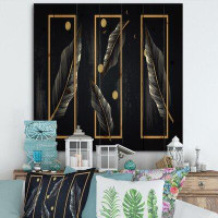East Urban Home Black Tropical Leaves With Golden Rectangles - Modern Print On Natural Pine Wood