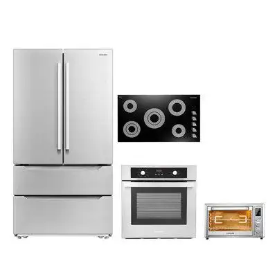 Cosmo 4 Piece Kitchen Package 36" Cooktop 24" Single Wall Oven 20" Air Fryer Toaster Oven & Refrigerator