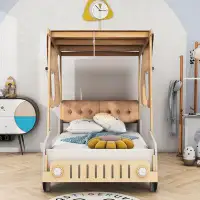 Harriet Bee Wooden Car-Shaped Platform Bed with LED and Pillows