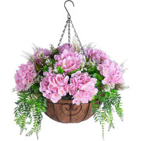 Primrue Artificial Flowers in Hanging Basket Planter , Silk Hydrangea and 12" Metal Coconut Lining Basket
