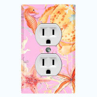 WorldAcc Metal Light Switch Plate Outlet Cover (Sea Horse Crab Star Fish Coral Pink  - Single Duplex)