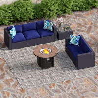 Lark Manor 7-piece 40" 50,000 Btu Wood-look Round Gas Fire Pit Table & Rattan Wicker Sectional Sofa