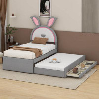 Cosmic Upholstered Platform Bed with Trundle, 3 Drawers, Rabbit-Shaped Headboard with LED Lights
