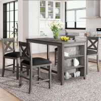Gracie Oaks 5 Pieces Farmhouse Dining Table Set with 4 Chairs and open shelves