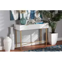 Everly Quinn Modern Comteparory Elegant Classy Home Office Living Room Utility Hallway Sofa Console Table White/Gold Fin