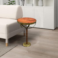 House of Hampton 13 Inch Drink End Table, Etched Design, Martini Glass Shape, Antique Brass And Brown