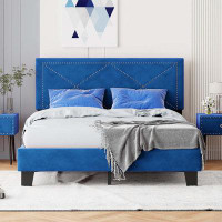 Mercer41 Simple Queen Size Upholstered Bed Frame with Rivet Design,Modern Velvet Platform Bed with headboard