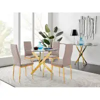 East Urban Home Tierra Metal and Glass Round Dining Table Set with 4 Faux Leather Upholstered Dining Chairs