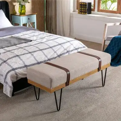 Union Rustic Linen Fabric Soft Cushion Upholstered Solid Wood Frame Rectangle Bed Bench With Powder Coating Metal Legs ,