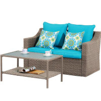 GZMWON Outdoor Wicker PE Rattan Patio Double Couch Set With Coffee Table