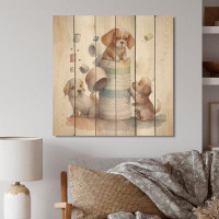 Zoomie Kids Dogs Building A Tower Of Toilet Paper - Unframed Print on Wood