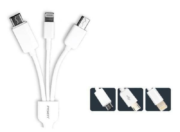 Pisen 3-in-1 Multi-function USB to Lightning 8-Pin, Micro USB and Type C Charging Data Cable - 1000mm - White in Cell Phone Accessories in Greater Montréal - Image 3