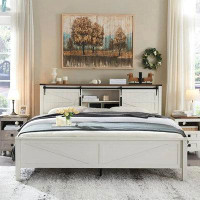 OKD OKD Modern Farmhouse Full Platform Bed With Bookcase Headboard Storage And Charging Station,No Box Spring Needed, An