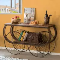 Williston Forge Two Tier Wagon Style Industrial Wooden And Metal Side End Table With Big Wheels