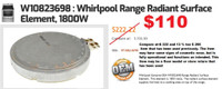 WP827399 / W10823698 (8 inch Single 4mm )Whirlpool / KitchenAid 8523696/ 200N8-L5972R Surface Element, 1800W