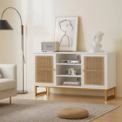 Bay Isle Home™ 47 Inch Mid Century Modern White TV Stand With Adjustable Shelf, Rattan Sideboard, Entertainment Cabinet,