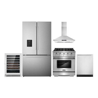 Cosmo 5 Piece Kitchen Package With 30" Freestanding Gas Range 30" Wall Mount Range Hood 24" Built-in Fully Integrated Di in Refrigerators