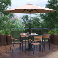 Red Barrel Studio Abdiqani 35" Square Faux Teak Patio Table, 4 Chairs and 9FT Patio Umbrella with Base