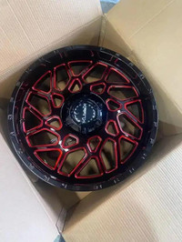 FOUR NEW 22 INCH KRANK AMBUSH WHEELS -- 6X135 / 6X139.7 BLACK RED !! MOUNTED WITH 305 / 40 R22 AMP TIRES !!