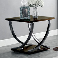 FOA Contemporary Warm Brown Cherry w Curling Chrome Supports and 5mm Glass top Coffee & End Table( 2pi or Individually )
