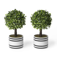 Primrue Set Of 2 (10") Artificial Boxwood Topiary Potted Plant Decorations, Mini Faux Fake Plant Greenery Arrangements I
