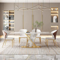 Mercer41 Rayeanna 72'' L Modern Rectangular Stone Top Dining Table with Gold Base