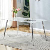 George Oliver Modern Minimalist Rectangular Dining Table With 0.4 Inch White Imitation Marble Tabletop And Silver Metal