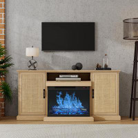 Bayou Breeze Boho Natural Rattan 57'' Media Console With Electric Fireplace