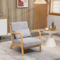 FABRIC LOUNGE CHAIR, VELVET ARMCHAIR, RETRO ACCENT CHAIR WITH WOOD LEGS AND THICK PADDING FOR BEDROOM, GREY