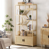 Millwood Pines Rattan Bookshelf 7 Tiers Bookcases Storage Rack with Cabinet for Living Room Home Office, Natural