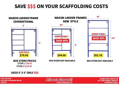 Save money on your scaffolding costs! Save up to 45% on New Style Mason Ladder Frames www.albertadry...