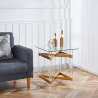 Everly Quinn Gold Stainless Steel With Acrylic Frame Clear Glass Top End Table
