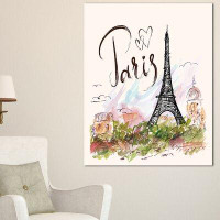 Made in Canada - East Urban Home 'Eiffel Tower with Paris Scribbling' Painting Beige
