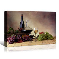 Winston Porter Framed Canvas Wall Art Decor Painting, Still Life Grape, And Wine Bottle Painting Decoration For Restaura