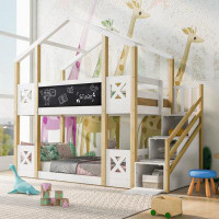 Harper Orchard Twin Over Twin House Bunk Bed With White Storage Staircase And Blackboards, White