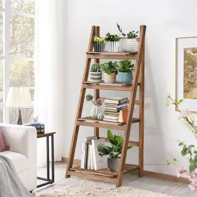 Winston Porter Wooden Ladder Shelf Industrial 4 Tier Bookshelf